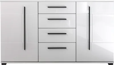 Produktbild von Sideboard COLORADO-61 in weiß Hochglanz mit schwarzen Relinggriffen BxHxT ca. 150x86x42cm