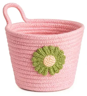 Image de Panier suspendu en corde de coton - Panier tressé pour rangement, à fixer au mur - Idéal pour la salle de bain, la cuisine et le salon - Rose, 15,5 x 9 x 12 cm