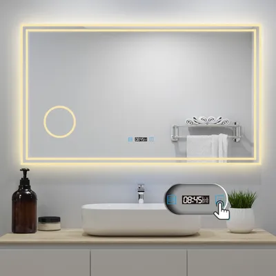 Produktbild von AICA LED Badspiegel 160x80cm mit Beschlagfrei Uhr Badezimmerspiegel 3 Lichtfarbe 3x Vergrößernder Kosmetikspiegel Dimmbar Memory-Funktion IP44