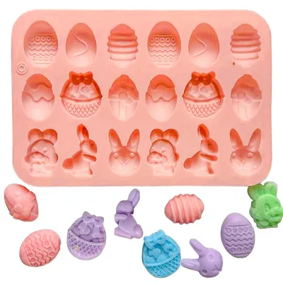 Obrázek produktu pro Silikonové formy na čokoládu, velikonoční motiv, 2 kusy, 18 výklenků, vejce, králík, košíky, vhodné pro výrobu sladkostí a želé