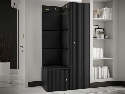 Produktbild von MIRJAN24 Garderoben-Set Orion Ryfel Slim XXV, Kleiderschrank, Schuhschrank, Kleiderhakenbrett, 7x Paneel 42x42, 6 Kleiderhaken für Kleidung, Metallgriffe (Farbe: Schwarz, Soft 011)