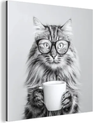 Produktbild von MuchoWow Wanddekoration Metall Metallbild Wandkunst 20x20 cm Katze - Brille - Becher - Flauschig MuchoWow Aluminium Gemälde - Alu Dibond Bilder