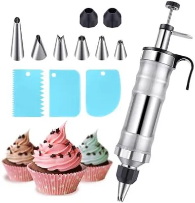 Produktbild von Tortenspritze Garnierspritze Edelstahl Set: Sahnespritze 400ml Krapfenspritze mit 6 Tüllen für Gebäck Kuchen Torten Cupcake Dekorieren Ersatz für Spritzbeutel (Silber)