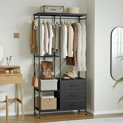 Produktbild von Kleiderständer - Offene Garderobe - Kleiderwagen - Kleiderstange - Kleiderschrank - Schwarzer Stahlrahmen