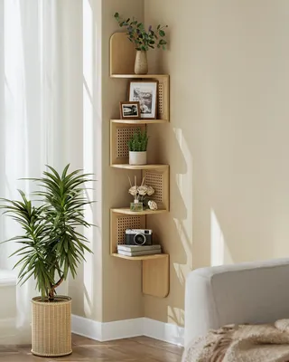 Produktbild von VASAGLE Eckregal, Wandregal 5 Ebenen, Schweberegal, Regal Wandmontage, Zickzack-Form, PVC-Rattan-Seitenplatten