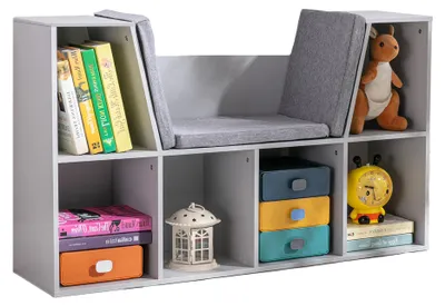 Produktbild von HOMCOM Kinderregal 2-in-1 Eckregal mit 6 Fächern Kindersitzbank Grau