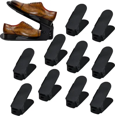Produktbild von 10 Stück platzsparende schwarze Schuhstapler mit rutschfestem Schuhregal, Schuhorganizer zur Aufbewahrung mit verstellbarem Schuhschlitz, 3-stufiger Verstellung und höhenverstellbarem Schuhhalter