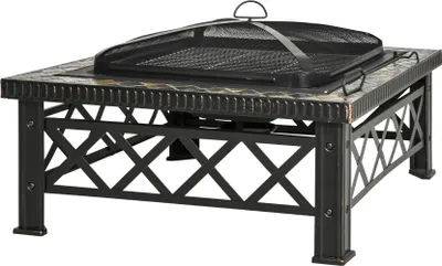 Zdjęcie produktu dla Fortuna Lai 3 w 1 miska ogniowa kosz na ognisko palenisko z osłoną przeciwiskrową, rusztem do grillowania i pojemnikiem na lód do ogrodu BBQ czarny 76 x 76 x 47 cm