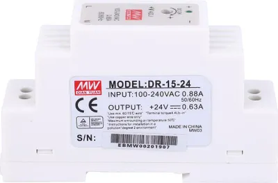 Zdjęcie produktu dla DR-15-24 Zasilacz impulsowy z pojedynczym wyjściem na szynę DIN 15 W 24 V 0,63 A
