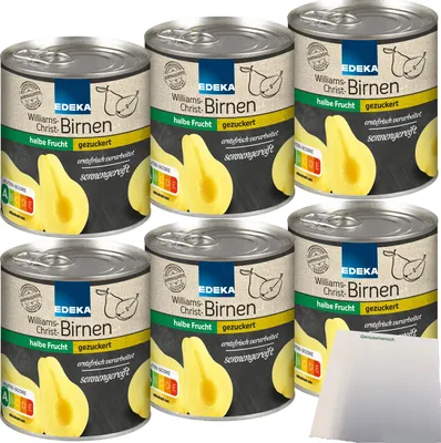 Produktbild von Edeka Williams-Christ-Birnen halbe Frucht gezuckert 6er Pack (6x820g Dose) + usy Block