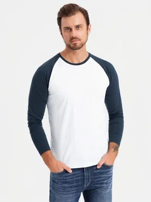 Productafbeelding van Herenlongsleeve met contrasterende raglanmouwen, donkerblauw, maat XXL