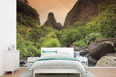 Produktbild von MuchoWow® Fototapete für Wohnzimmer oder Schlafzimmer Wandtapete Vinyl Motivtapete Sonnenuntergang über den Wasserfällen in Maui, Hawaii - 390x260 cm - Papiertapete