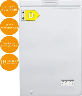 Produktbild von PKM Gefriertruhe 99 L Weiß  54,5cm breit Tiefkühltruhe freistehend Drahtkorb