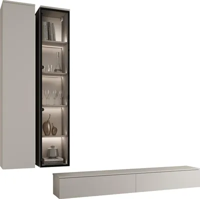 Produktbild von Wohnwand FIGO 1 kaschmir mit TV-Lowboard, Hängeschrank, Hängevitrine, PUSH-TO-OPEN