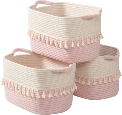 Produktbild von Aufbewahrungskörbe 3er-Set, mit Henkeln, weiß und rosa, für Wohnzimmer
