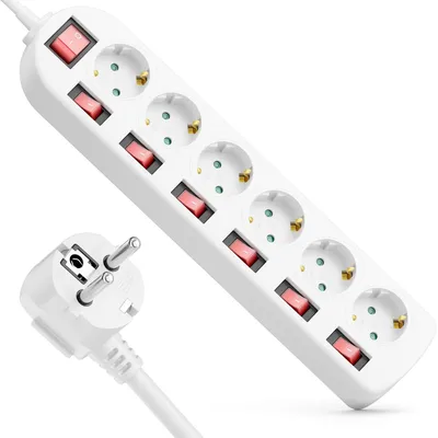 Produktbild von deleyCON 6-Fach Steckdosenleiste - EIN/AUS Schalter - einzeln schaltbar - 3,0m Kabel - 6x Buchse Mehrfachsteckdose Stromkabel Verteiler Verlängerung Stromleiste Haushalt Büro 3680W 16A - Weiß