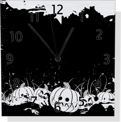 Produktbild von Wallario Design Wanduhr Halloween - Kürbisse und Fledermäuse in schwarz-weiß, Comic Stil aus Aluverbund, Größe 30 x 30 cm
