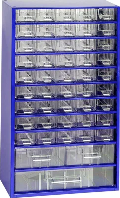 Produktbild von MARS Kleinteilemagazin mit 48 Schubfächern: 45x Klein, 2x Mittel, 1x Groß Metallgehäuse | HxBxT 55,1x30,6x15,5cm | Blau