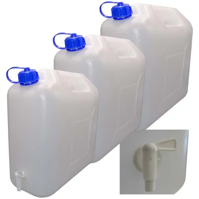 Produktbild von 3 x 20 L Kanister mit Deckel, Zapfhahn und Ausgießer, natur Trinkwasser