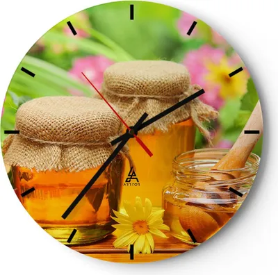 Produktbild von Wanduhr - Rund - Glasuhr - Honig Glas Glas Vitamin - 30x30cm - Schleichendes Uhrwerk - Lautlos - zum Aufhängen bereit - Dekoration Modern - Wanddekoration aus Glas - C3AR30x30-2475