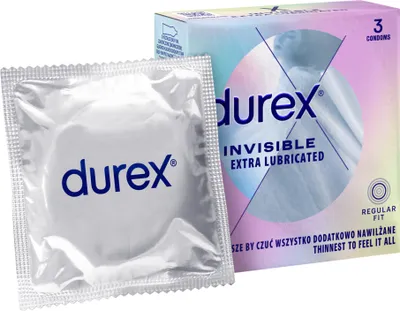 Obrázok produktu pre Durex Invisible, Pánsky kondóm, Priehľadná, Latex, Extra citlivé, 52 mm, 3 kusov