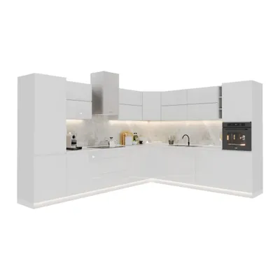 Produktbild von Eckküche / Winkelküche/ L-Küche / Küchenzeile 340x280 cm Glanzia – KU-S19 – Weiß Hochglanz Ohne Arbeitsplatte & Elektrogeräte Eckküche L-FORM