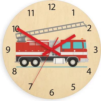 A clock with a fire truck illustration.