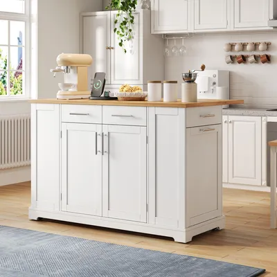 Image de Îlot de cuisine Flieks avec plan de travail rabattable, roulettes silencieuses, chariot de service avec prise électrique et compartiment à déchets escamotable, chariot de cuisine, blanc avec aspect bois