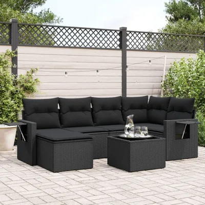 Produktbild von Design 7-tlg. Garten-Sofagarnitur mit Kissen Schwarz Poly Rattan, Gartenmöbel-Sets 2024 Neu