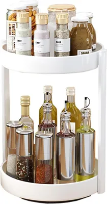 Imagen del producto de Estante giratorio para hierbas, con 2 niveles, de metal, color blanco, ideal para la cocina y el baño