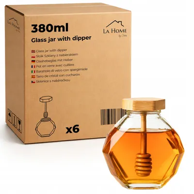Immagine prodotto di Set da 6 barattoli per miele 380 ml in vetro taglio diamante con dosatore – vasetti sfaccettati, coperchio in bambù, vaso per sciroppo e regalo