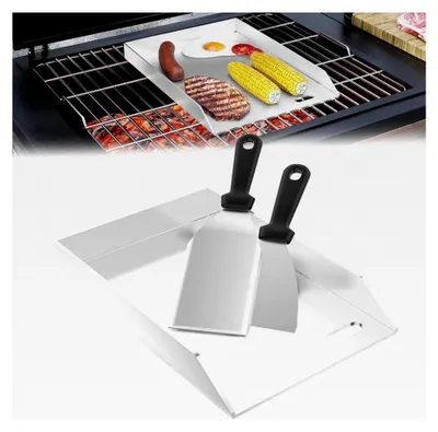 Produktbild von Edelstahl Grillplatte | 20x30x4cm Universal BBQ Plancha mit Fettsammelbehälter | Grillplatte für Gas- und Holzkohlegrill | Grillzubehör mit 2 Spateln