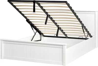 Produktbild von BELIANI Bett Weiß Kiefernholz mit Bettkasten Lattenrost 140x200 cm Hochklappbar Hohes Kopfteil Skandi-Stil Schlafzimmer Doppelbett Holzbett