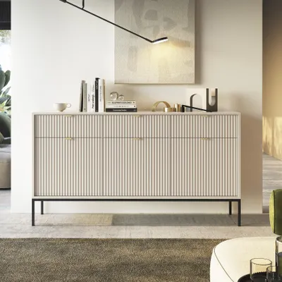 Produktbild von Moderne Geriffelte Kommode KIOTO K3D3SZ Kaschmir Schwarz Gestell Schrank Sideboard
