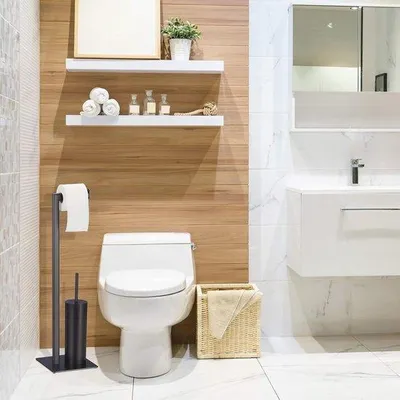 Produktbild von Famanu Toilettenzubehör Set mit Toilettenpapierhalter und Toilettenbürste - Hygienisches und modernes Design in Schwarz