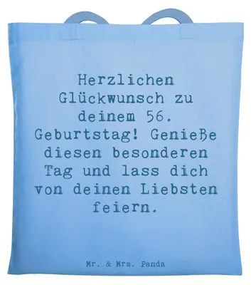 Produktbild von Mr. & Mrs. Panda Shopping Tasche Spruch 56. Geburtstag - Sky Blue - Geschenk, Jutetasche, Geburtstagsfeier, Leben genießen, unvergessliche Momente, Tote Bag, Schultasche