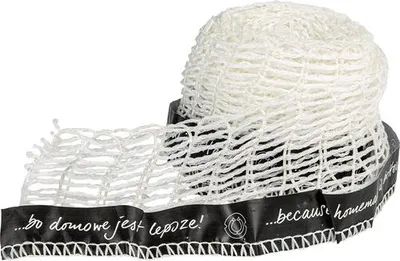A roll of white netting with a black band around it, partially unrolled. The black band has text and a logo.