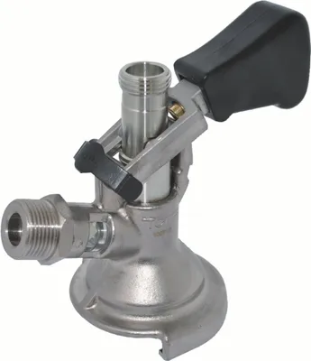 A close-up studio shot of a beer keg coupler.