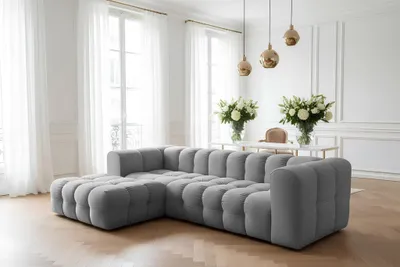 Produktbild von Ecksofa Designersofa SOLVIE in Stoff Tiffani Grau Ottomane Links