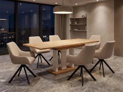 Produktbild von ENDO-Möbel Essgruppe "Appia White" - Esstisch ausziehbar 130-210cm in Eiche Craft Gold für 6 Personen mit Stühlen in Leinen-Beige