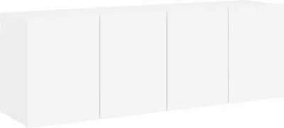 A white TV cabinet with four doors against a white background.