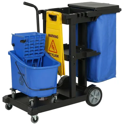 Immagine prodotto di Carrello per la pulizia con secchio per mocio e sacchi per rifiuti da 70 litri | Colore: Blu | Dimensioni: 46,5 x 122 x 101 cm
