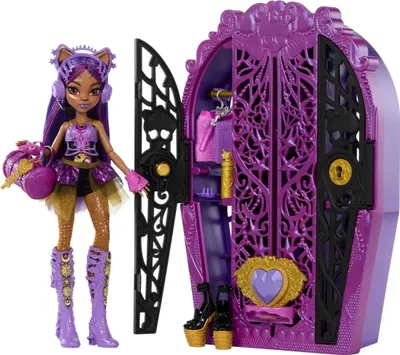 A Monster High doll and her accessory closet are displayed against a white background.