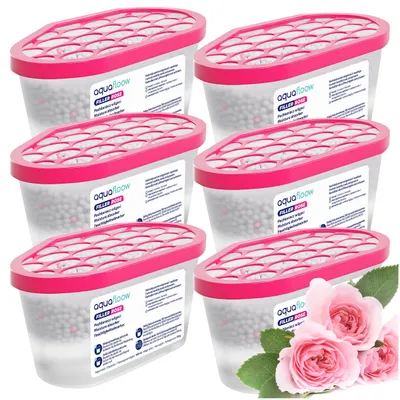 Produktbild von 6x 400 ml Luftentfeuchter – Feuchtigkeitsabsorber für Küche, Bad, Auto und Wohnzimmer – Rosenduft