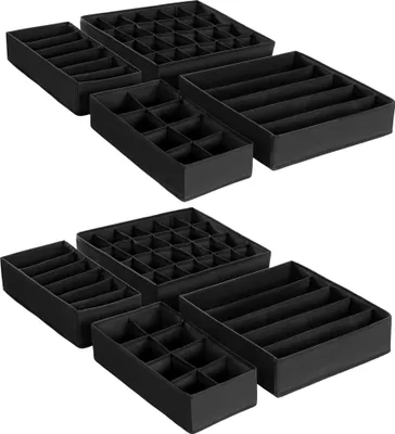 Two rows of black fabric drawer organizers of various sizes and configurations are displayed against a white background.