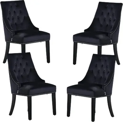 Produktbild von Ensemble de 4 chaises de salle à manger Windsor - Rembourrage en velours moelleux et pieds en bois massif robustes - Noir