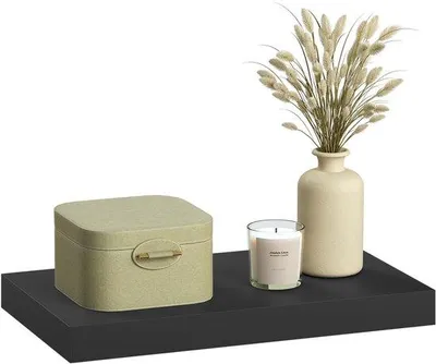 Zdjęcie produktu dla Unyqoos® Nowoczesna, czarna, wisząca półka ścienna wykonana z płyty MDF E1, z metalowym wspornikiem, udźwig 10 kg, odporna na wilgoć, w zestawie zestaw montażowy, idealna do kuchni, łazienki lub salonu