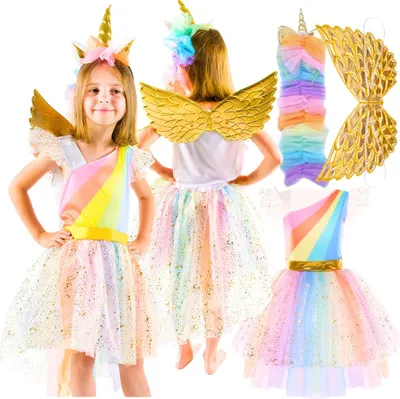 Immagine prodotto di Set di costumi con abito dorato e unicorno, diadema con ali, taglia 120, costume da unicorno dorato, taglia 130