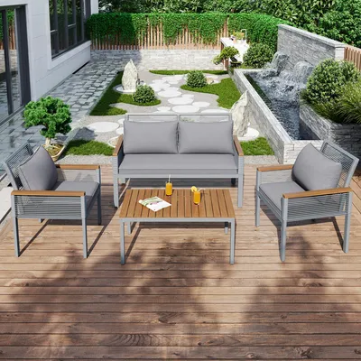 Produktbild von Gartenlounge-Set – Doppelsofa, 2 Sessel & Tisch aus Rattan, mit bequemen Kissen, wetterfeste Gartenmöbel für Terrasse & Balkon, Grau