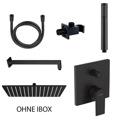 Produktbild von Belvit Duschset Unterputz Schwarz mit Regendusche 30x30 cm, Handbrause, Wandanschlussbogen & hansgrohe Wannenmischer – Komplettsystem für modernes Bad